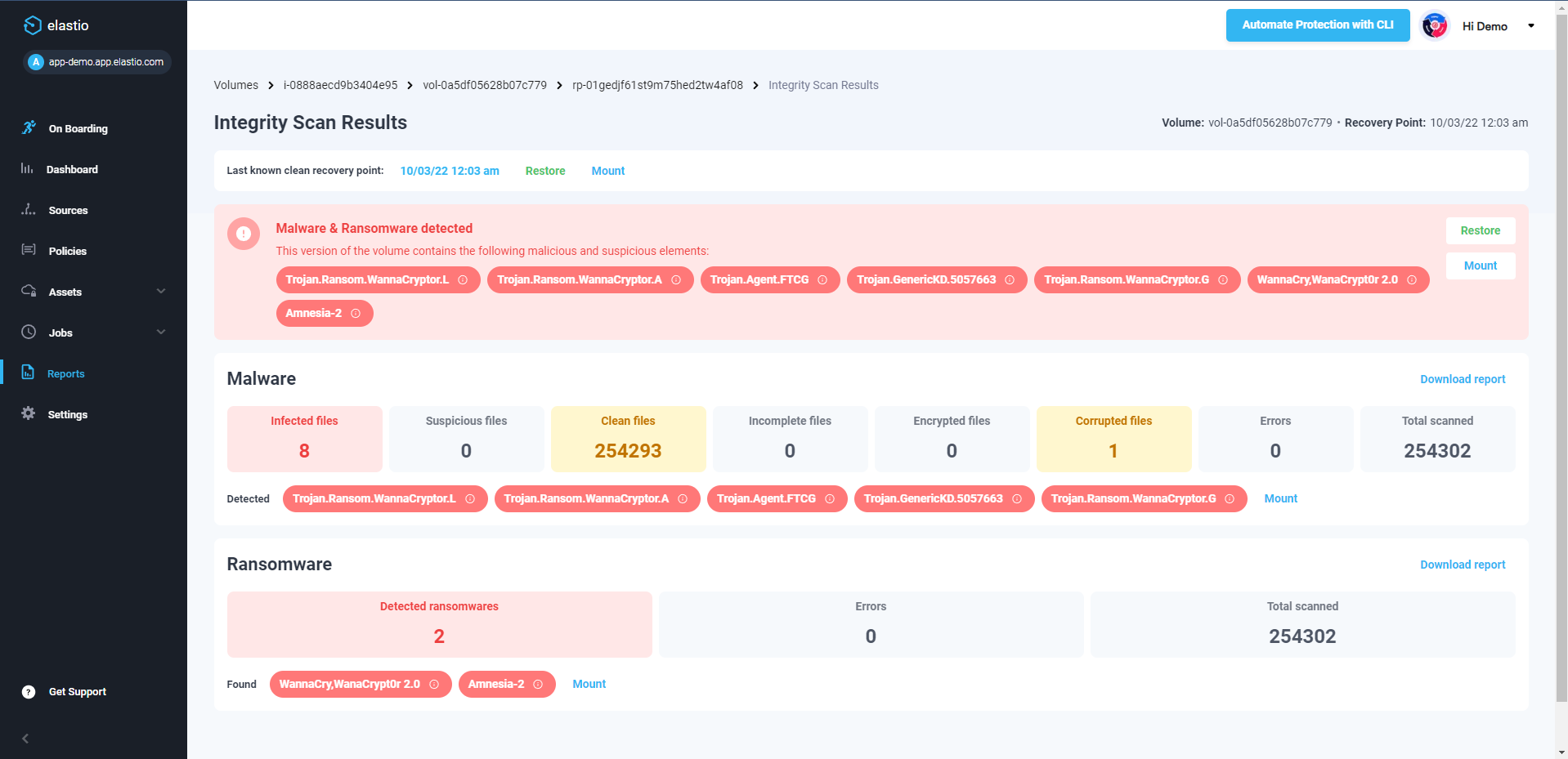screenshot of Elastio Cyber Recovery